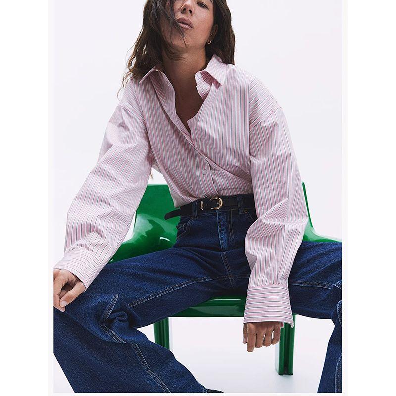 Summer New Women clothes Loose Fashion Simple and Comfortable Lapel Stripe Long sleeve Shirts Top 1265984