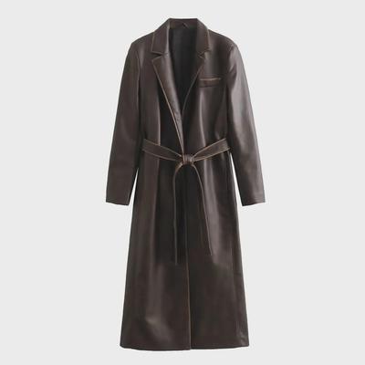 2023 Herbst Damen Midilanger Distressed PU Leder Trenchcoat