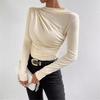 2024 Women's Apricot Slim Fit Pleated Long Sleeve T-Shirt