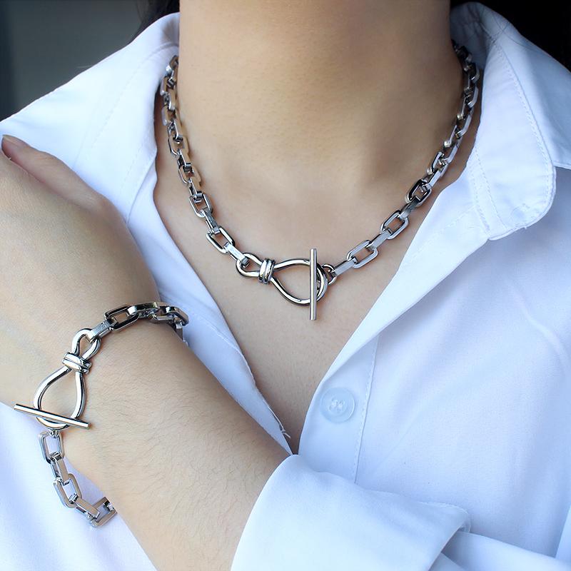 Minimalist 18K Gold Plated Stainless Steel Collarbone Paperclip Herringbone Chain OT Buckle Bracetel Necklace Jewelry
