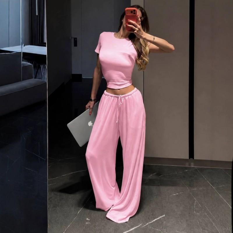 Womens Casual 2-Piece Set: Slim Fit Round Neck Short Sleeve Tee High-Waist Drawstring Wide Leg Pants