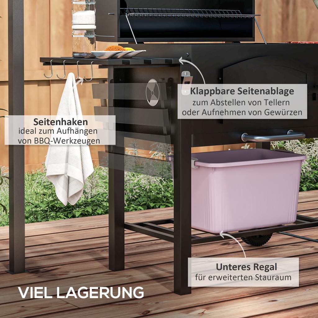 3-in-1 Charcoal BBQ, with Shelves - Black