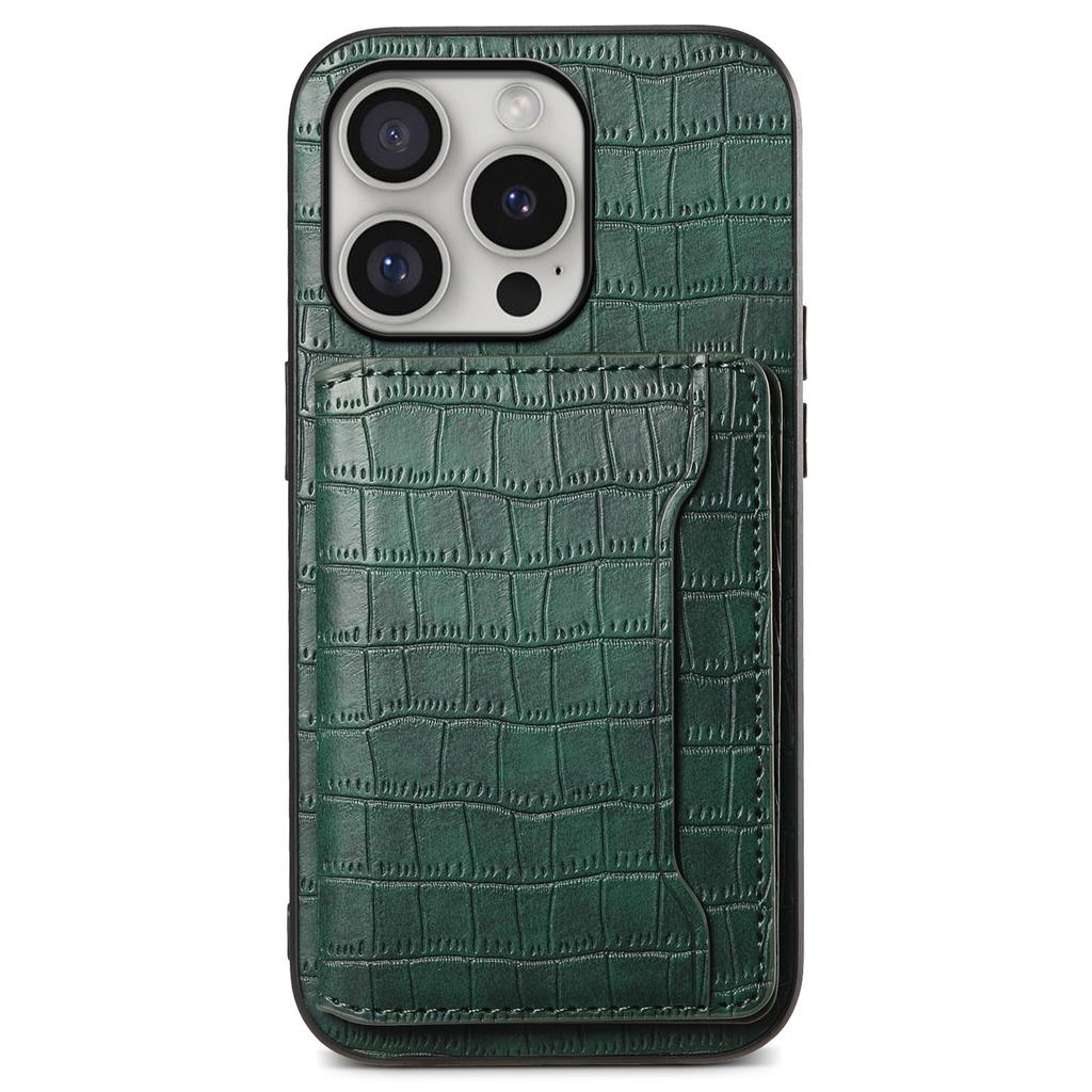 For iPhone 16 Pro Case Card Holder Kickstand Crocodile Texture Leather Back Phone Cover