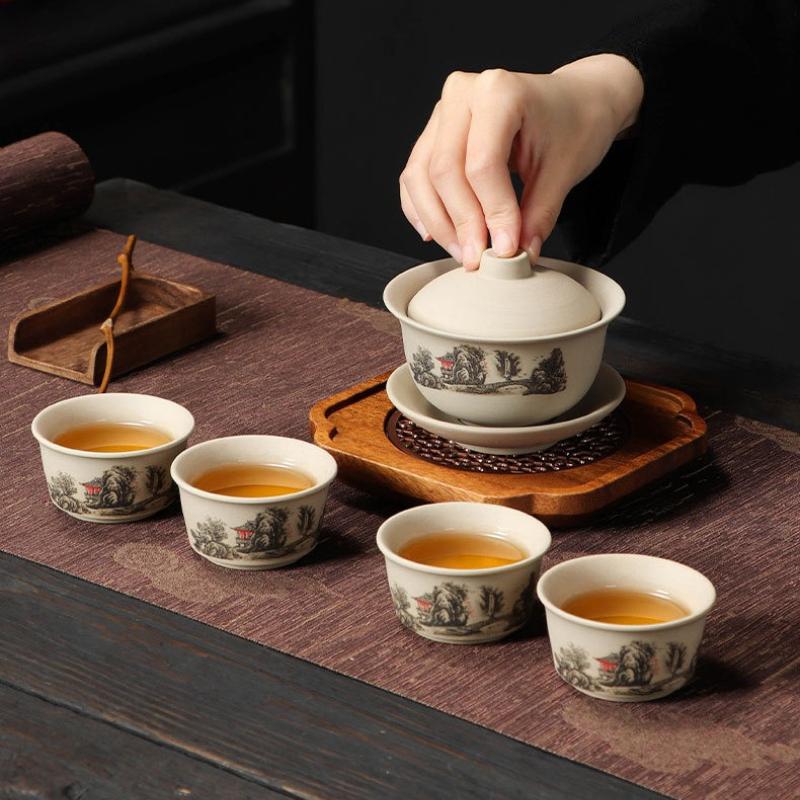 Stoneware Kungfu TeaSet - SancaiLiddedBowl & Teacups for CorporateGifts StoreOpening TraditionalChineseCeramic Commemorative Set