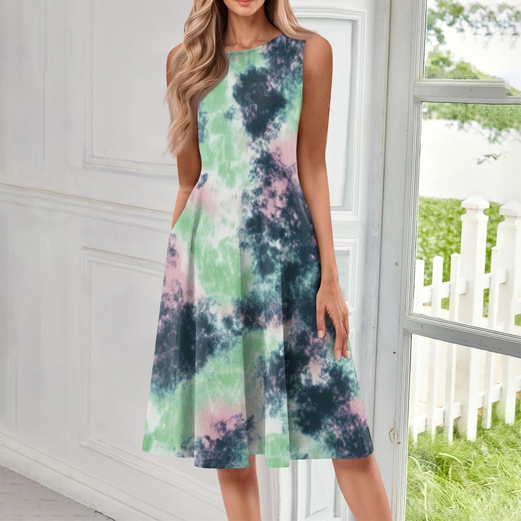 Women's Casual Fashion Tie- Printed Round Neck Sleeveless Color Midi Dress