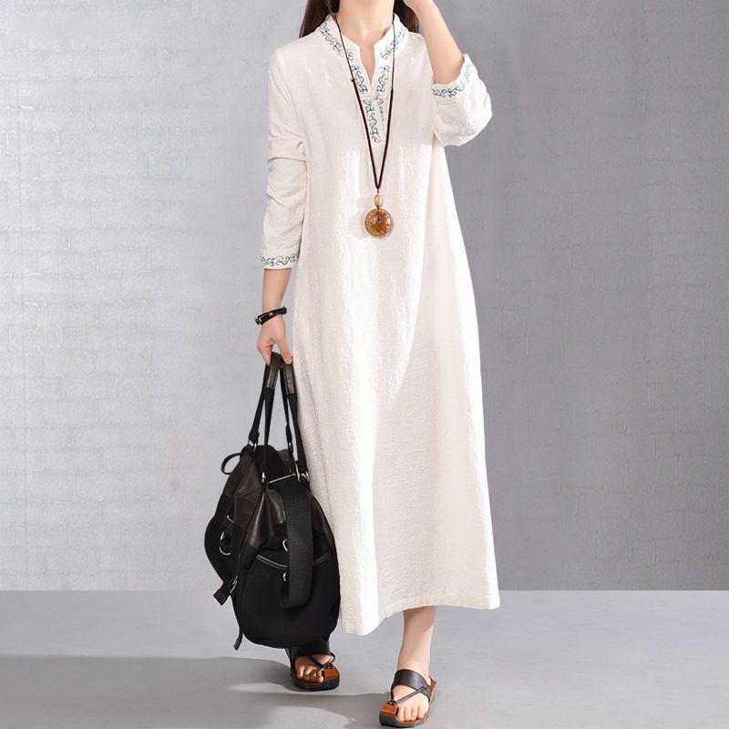 Cotton and Linen Women's Autumn and Winter Pullover V-neck Loose Embroidery Ethnic Style Long Sleeved Linen Medium Length Dress