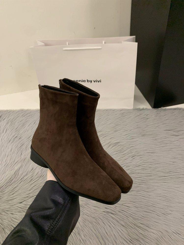 

Женские замшевые ботильоны на толстом каблуке, корейский стиль, осень/зима 2024, универсальные короткие ботинки на бархатной подкладке 40 темно-коричневого