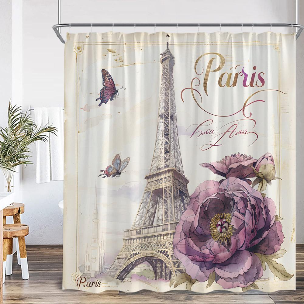 Paris Eiffel Tower Vintage Shower Curtain Purple Flower Old Newspaper Pattern Bathroom Decor Retro Bathtub Curtain with Hook