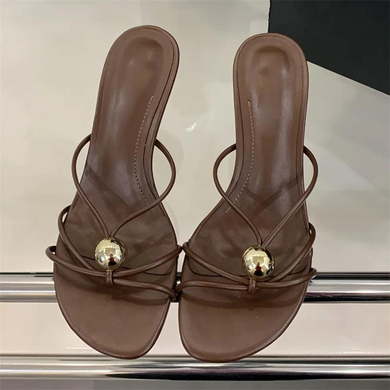 Fashion Eilyken Summer Square Toe Slide Women Slippers Design Style Narrow Band Thin Low Heels Party Dress Female Shoes