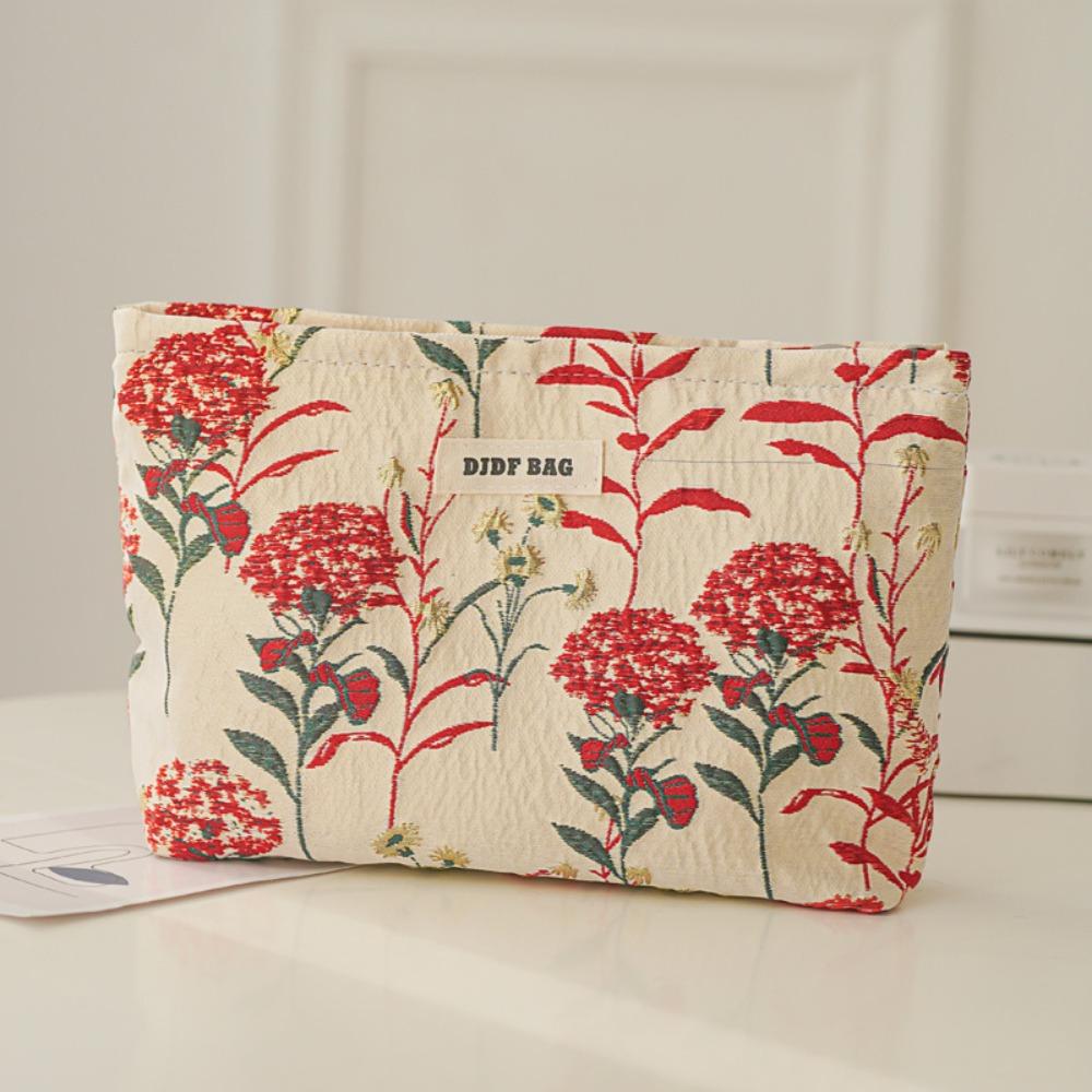 Fashion Large Capacity Makeup Bag Cream Color Zipper Cosmetic Bag Floral Embroidered Toiletries Skincare Storage Bag Women