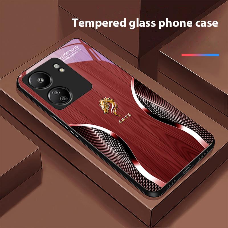 Holz Drache Schwarz Für Xiaomi Redmi 13C Note13 12 Pro Plus 5G Note 9 13T Pro POCO X6 F5 F6 Schwarz Gehärtetes Glas Handyhülle