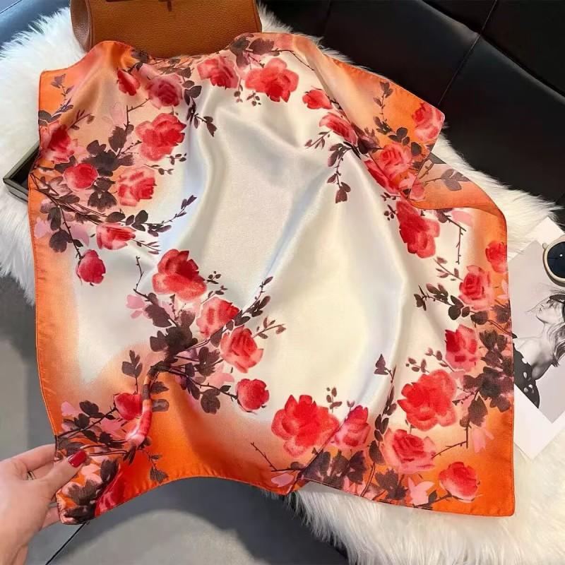 70x70cm Lightweight Cotton Silk Square Scarf With Boho Floral Print Breathable Neck Wrap Women