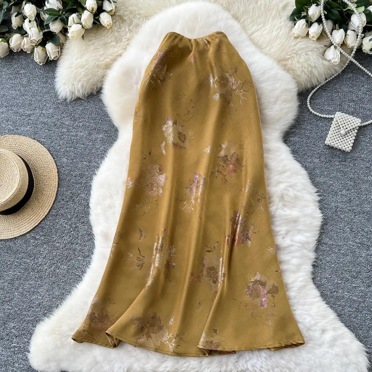 

Women s Floral Print Satin Midi Skirt High Waist Ruffle Hem Elegant Maxi Skirt L золотой