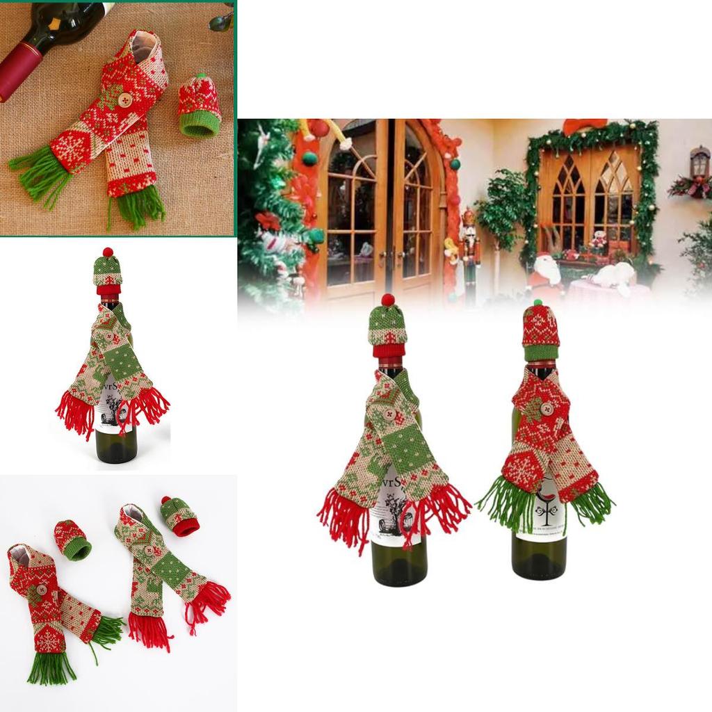 Weihnachtsflaschenüberzug mit Wollschal und Mütze für festliche Weinpräsentation