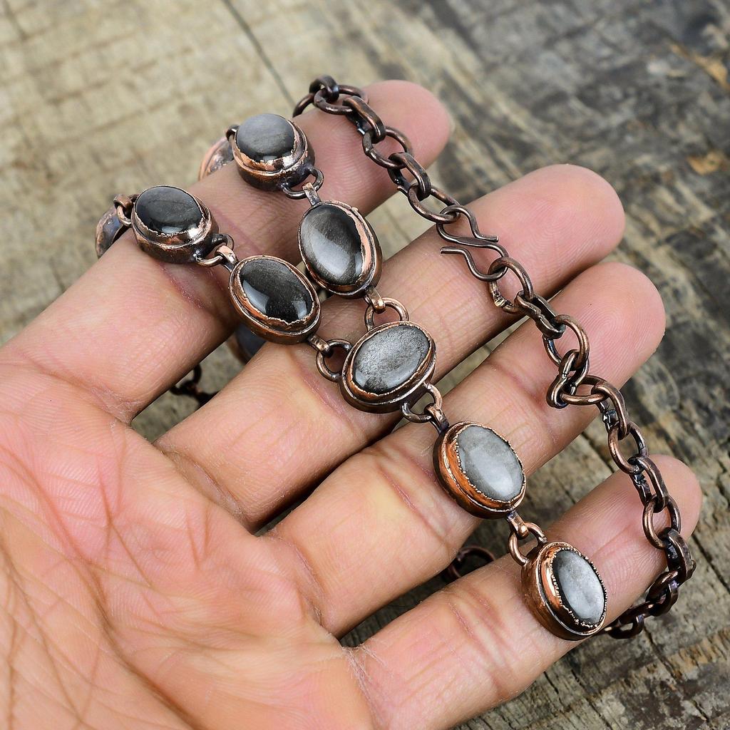 Collier en obsidienne argentée, collier à chaîne ajustable en cuivre électroformé, collier de pierres précieuses, bijoux en cuivre pour cadeaux, collier fait main