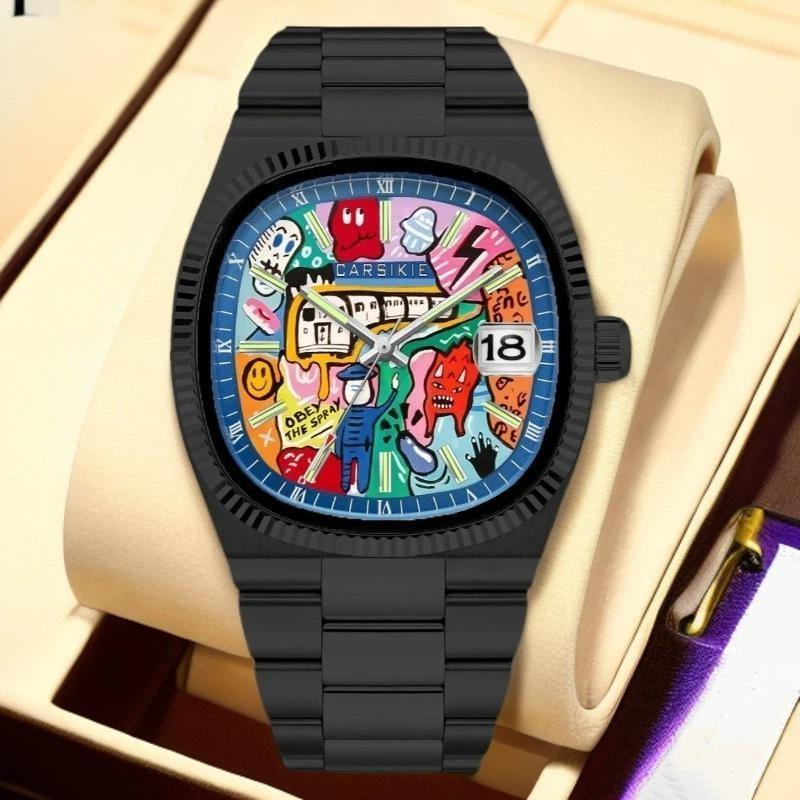 Luxury Comic Cartoon Dial Square Quartz Men's Watch Casual Calendar Stainless Steel Waterproof Sport Men Watches Clock
