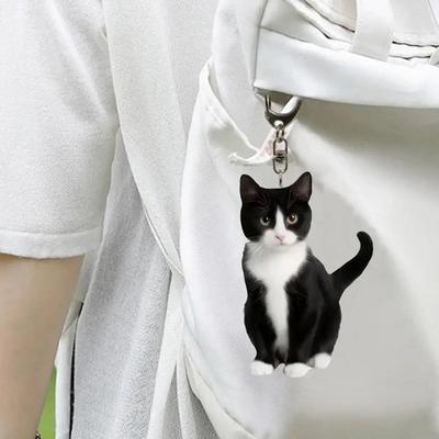 1 stuk zwart-witte kat sleutelhanger, 2D acryl kat hanger, dubbelzijdig ontwerp, dieren sleutelhanger bedel voor rugzakken en geschenken