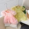 Sommer Neues Prinzessinnen-Stil Baby-Mädchenkleid Einfaches Einfarbiges Blasen-Kurzarm-Falten-Kuchenkleid Kinderkleidung Für Baby-Mädchen