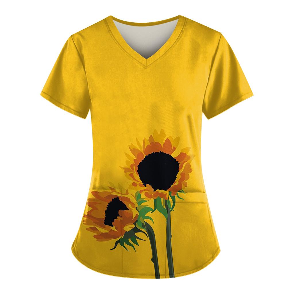Women's Fashion V-neck Short Sleeve Workwear With Pockets Printed Tops Summer Tops For Women