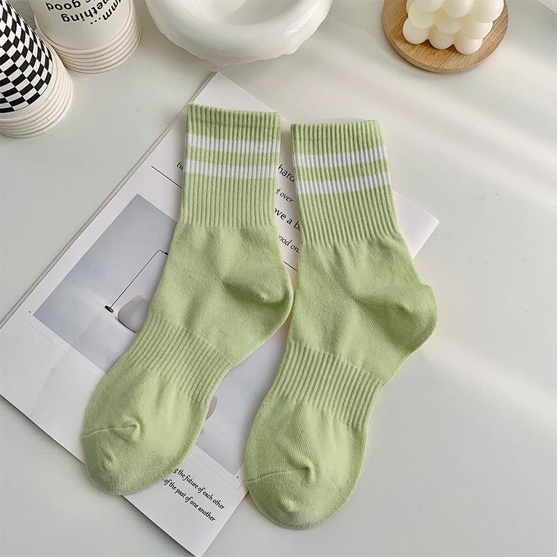 Women's Mid-Calf Two-Bar Stripe Pure Cotton Socks, Odor-Resistant, Anti-Pilling, Versatile for Sports and Casual Wear.
