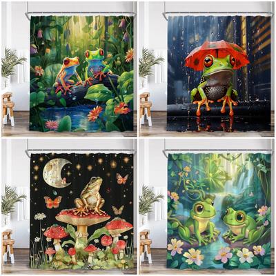 Funny Frog Shower Curtain Animal Lotus Leaf Pond Mushroom Rainforest Vintage Summer Bathroom Decor Kid Bath Curtain with Hooks