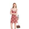 Women's Summer Plaid Mesh A-line Dress with Lace Trim and Spaghetti Straps