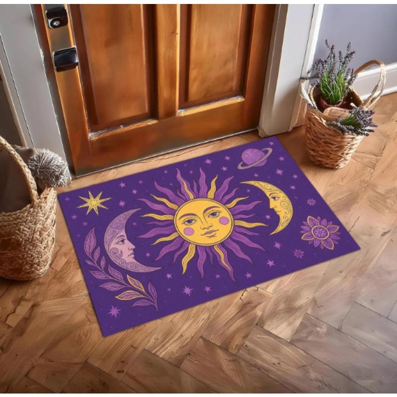 Lila Sonne und Mond Teppich Astrologie Fußmatte mit kosmischen Planeten Sternen und Bohemian Style Vibes für Eingänge oder Zimmer Bodenmatten