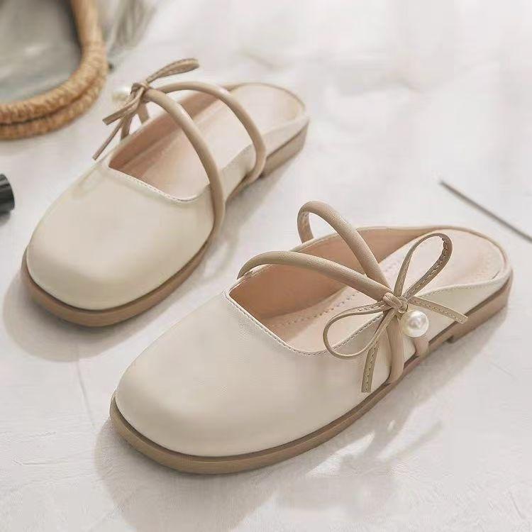 Fairy wind pearl bow baotou half slippers female summer 2025 new evening shoes flat lazy slippers