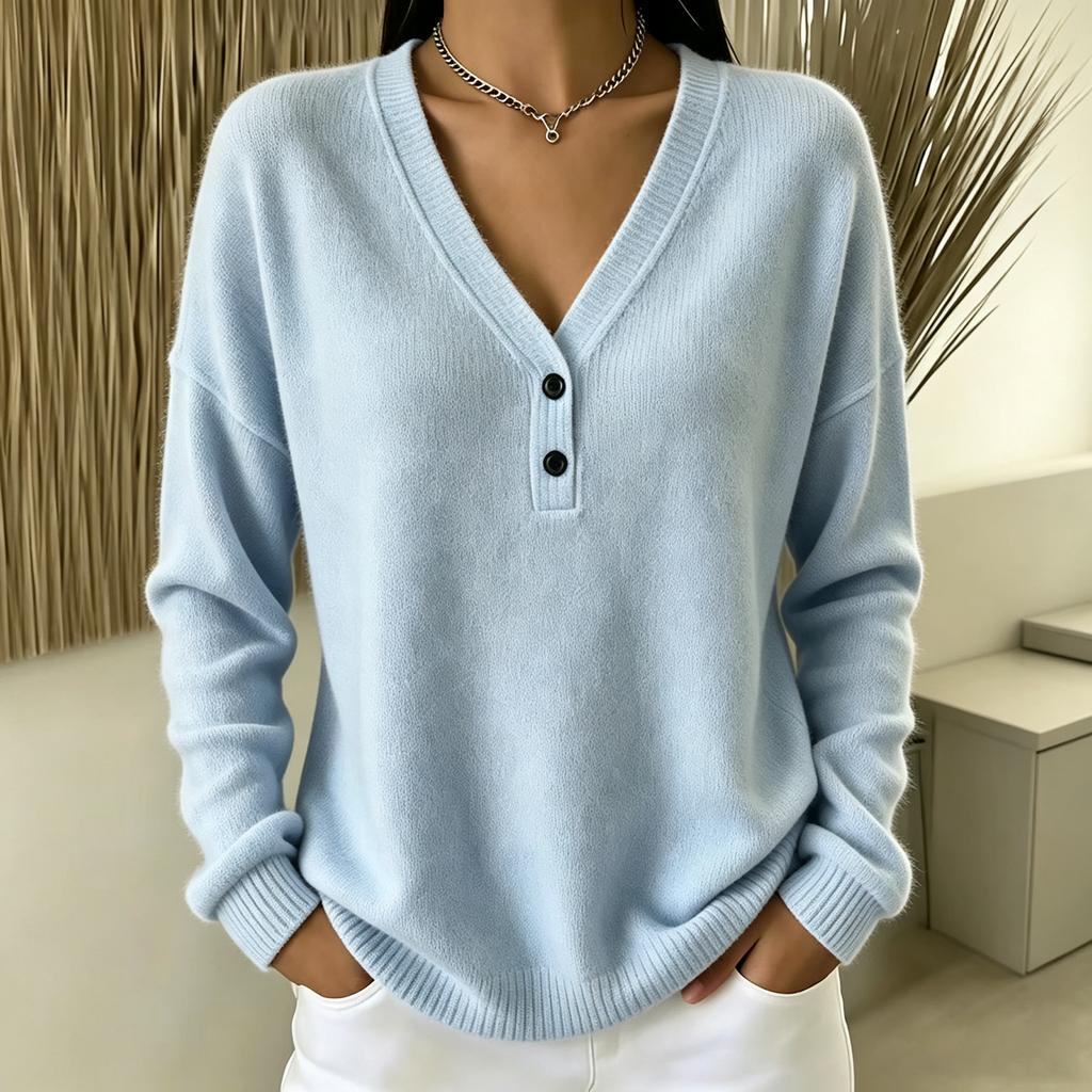 Women's V-Neck Button Color Sweater, Stylish Versatile Knit Layering Top for Casual Wear
