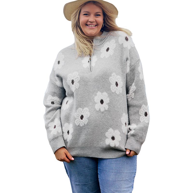 

American Shiying Winter New Arrival Florals Embroider Plus Size Sweater Women 2025 Half Cardigan Zipper Knitwear Women Gray 4XL fit (90.00 kg-100.00 kg