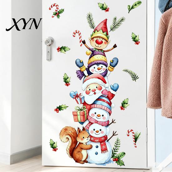 DIY Party Wall Murals Christmas Stickers with Snowman Santa Claus Elf Patterns, Peel And Stick Watercolor Cartoon Decals for Windows Glass Doors,