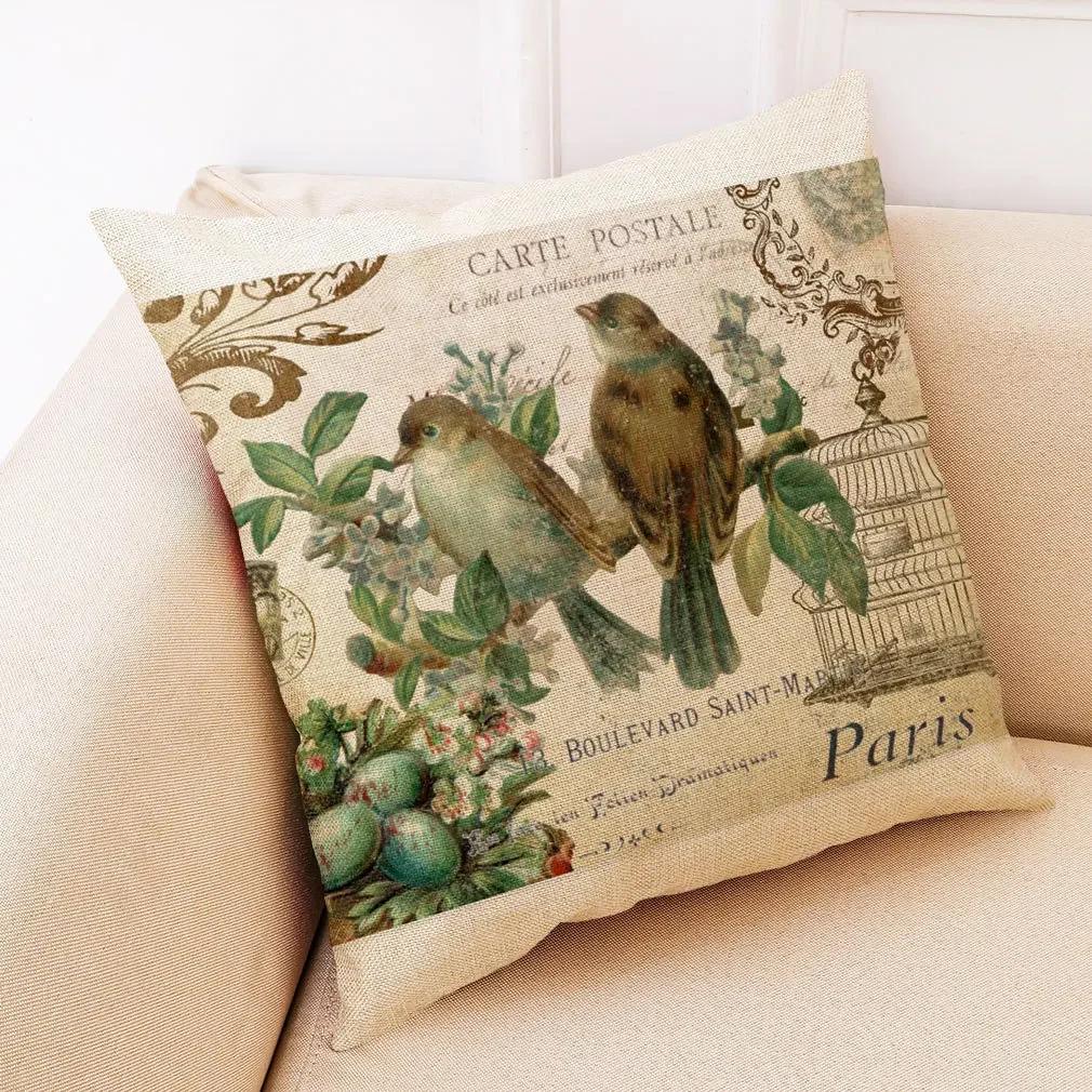 Retro Flower And Bird Design Linen Pillowcase Car Seat Cushion Cover Decorative Living Room Sofa 45*45Cm