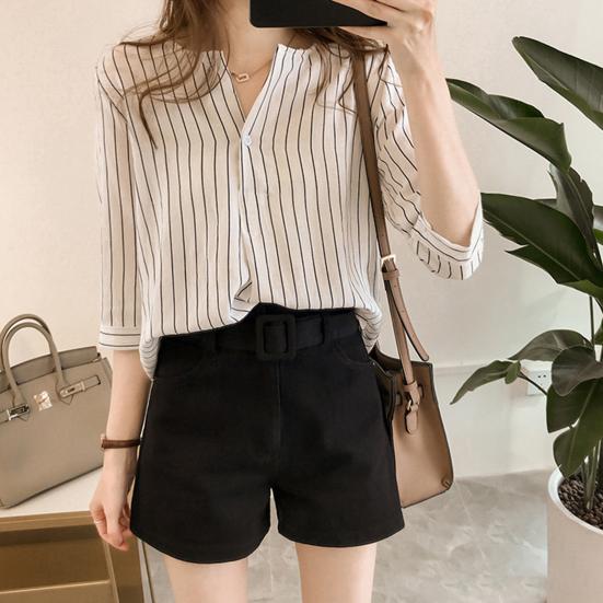 Women Shirt Striped Print V-neck 3/4 Sleeves V Neck Elegant Summer Women Working Clothes Streetwear