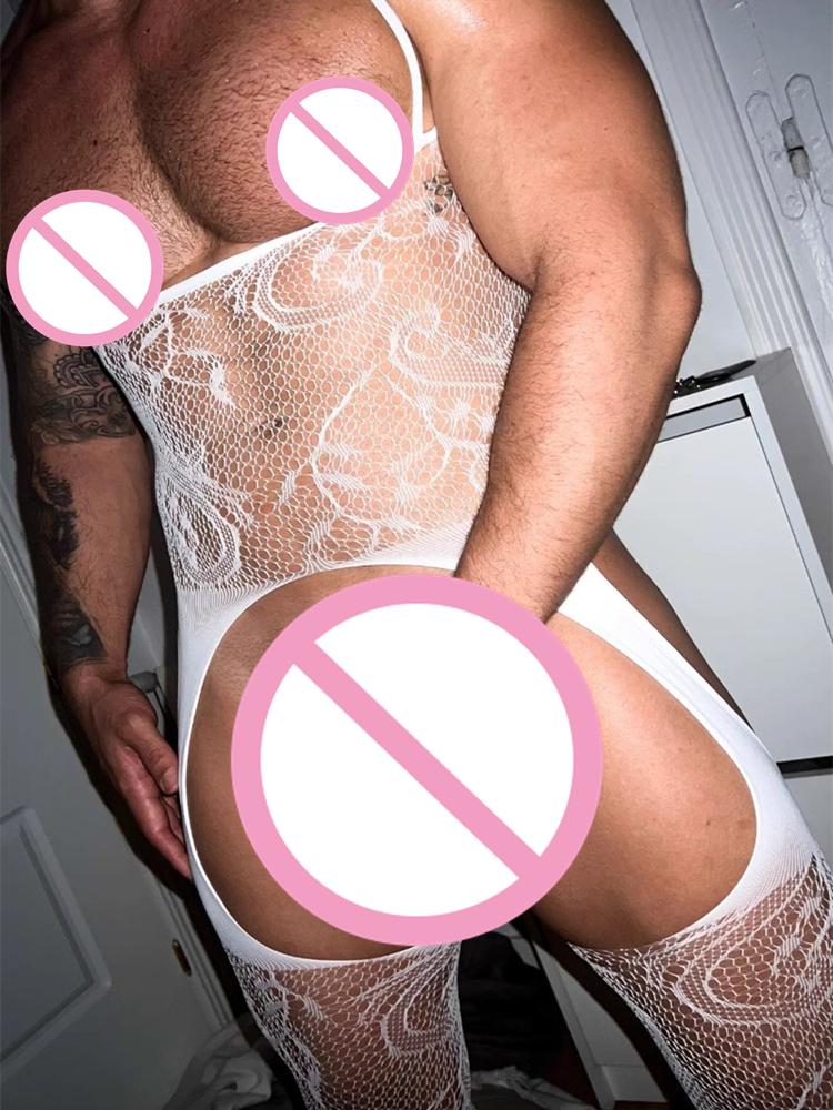 Crotchless Bodystocking Black Man Gay Transparent Net Clothes Sexy Lingerie Bodysuit One Piece Stockings Erotic Sissy Costumes