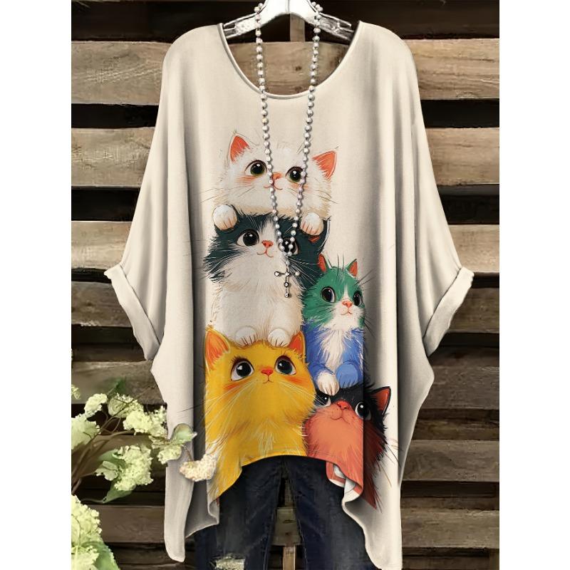 

Summer Women s Plus Size Plus Cute Animal Pattern Print Swallowtail Irregular Hem Round Neck Short Sleeve T-Shirt 1XL