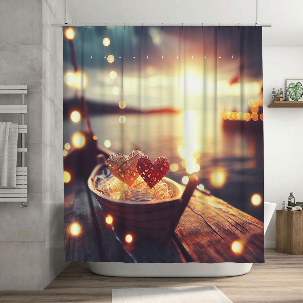 3D Heart Boat Shower Curtain | Romantic Sunset Bathroom Decor