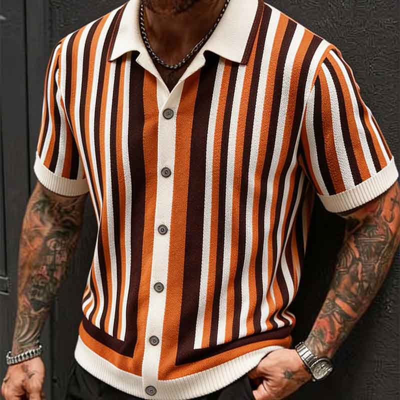 Men s Orange Brown White Striped Knit Short Sleeve Button Up Polo Shirt S коричневый