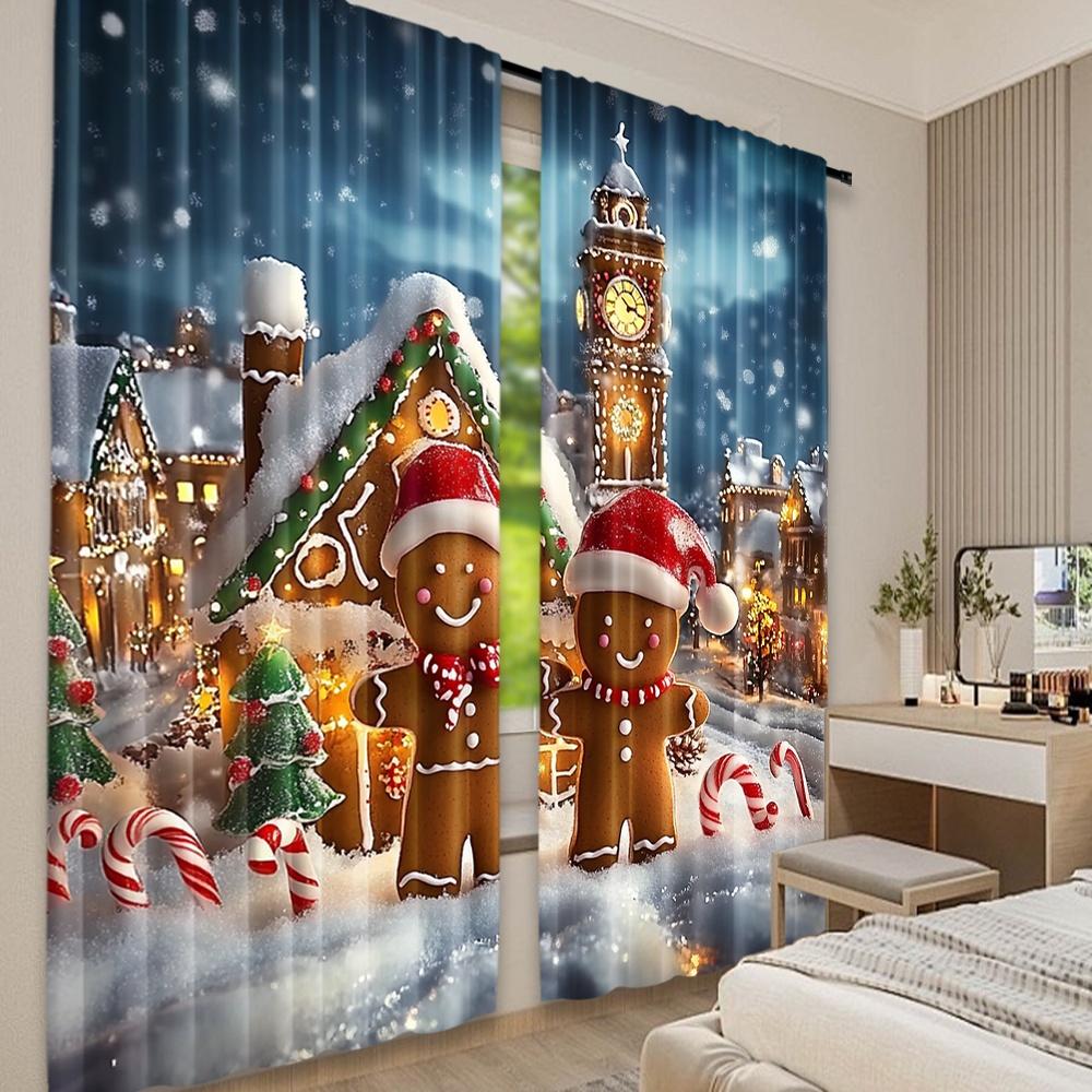 Flat Printing Christmas Party Curtain Gingerbread Fabric Without Electricity Festive Curtains Perfect Set Of 2 Made Polyester