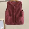 Women Fall Spring Vest Round Neck Thick Fleece Pockets Solid Color Sleeveless Zipper