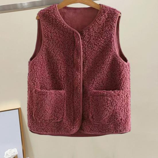 Women Fall Spring Vest Round Neck Thick Fleece Pockets Solid Color Sleeveless Zipper