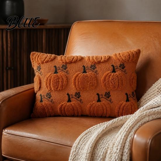 Decorative Pumpkin Accent Thanksgiving Cushion Cover Plush Embroidered Throw Pillow Soft Case Cozy for Farmhouse Home Autumn Decor Square