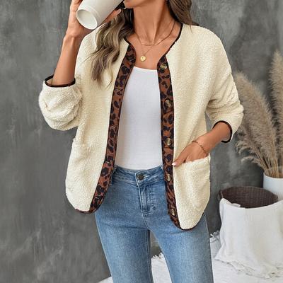 A New Autumn and Winter Casual Leopard Print Contrasting Color Cardigan for Women with A Thick Round-neck Coat
