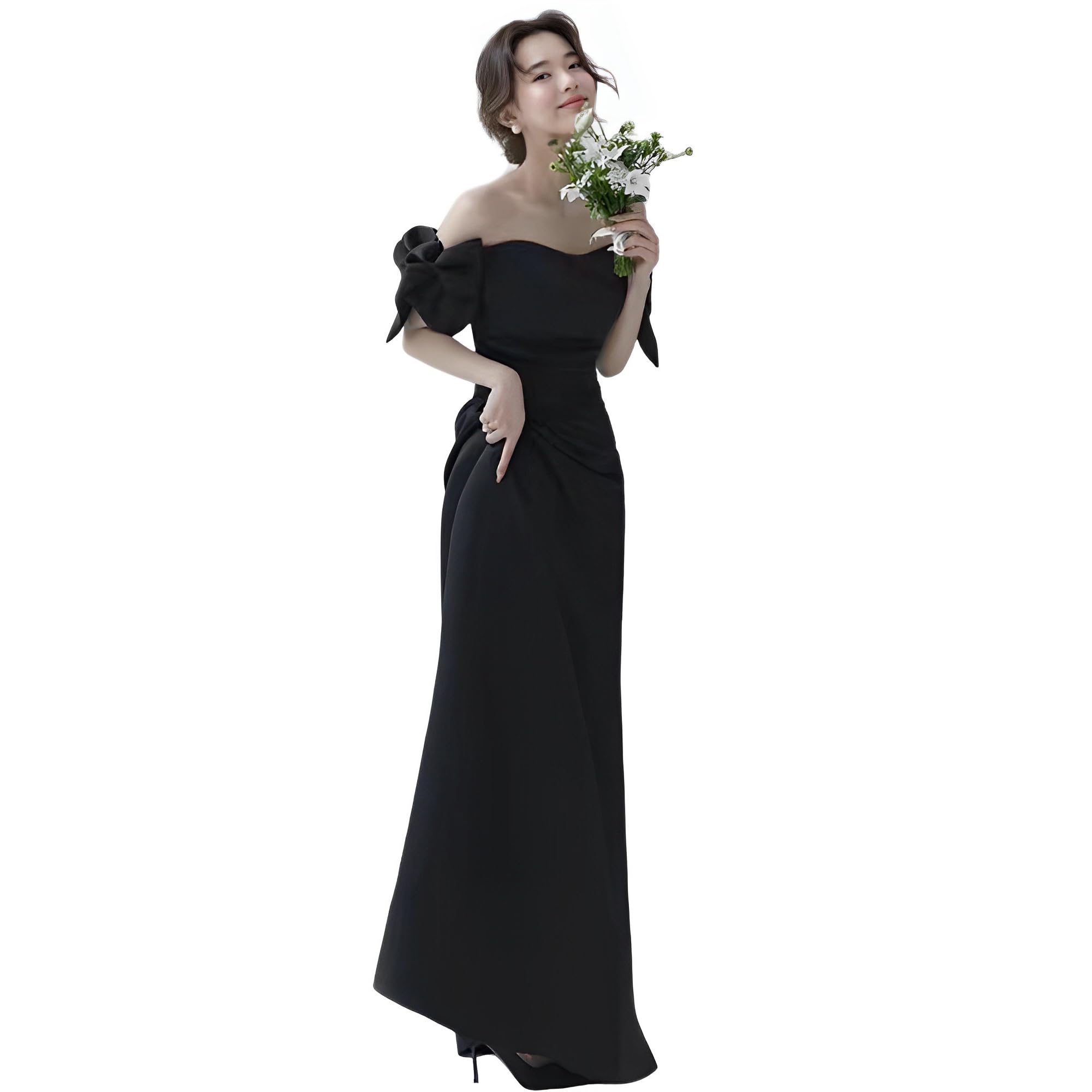 

Party Bustier Empire Line Wedding Party Evening Long Black Backless Bridal Wedding Dress [R-QINYUER] Off-the-Shoulder Dress, Style, Black, Pre-wedding