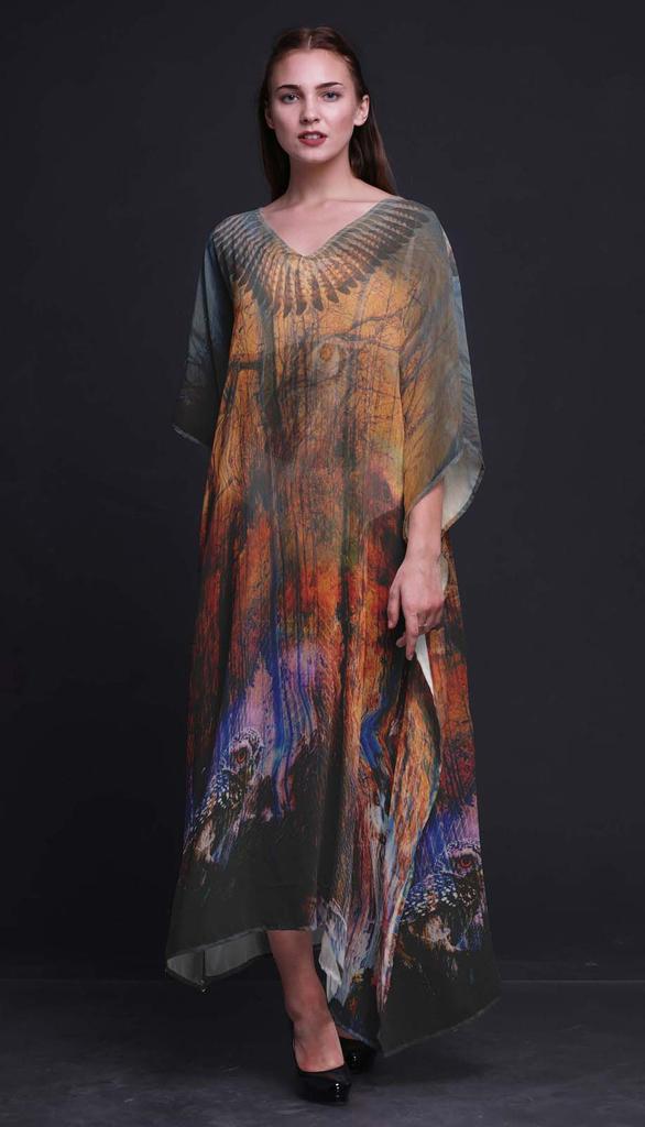 Phagun Owl Jungle Long Caftan Maxi Dress Beach Swimwear Cover Up Womens