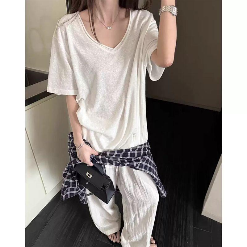 

Shine Early Autumn New High Quality Lazy Casual Nature Curling V Neck Cotton Two-Color Short Sleeve T-shirt White presale L((55.00 kg-65.00 kg)