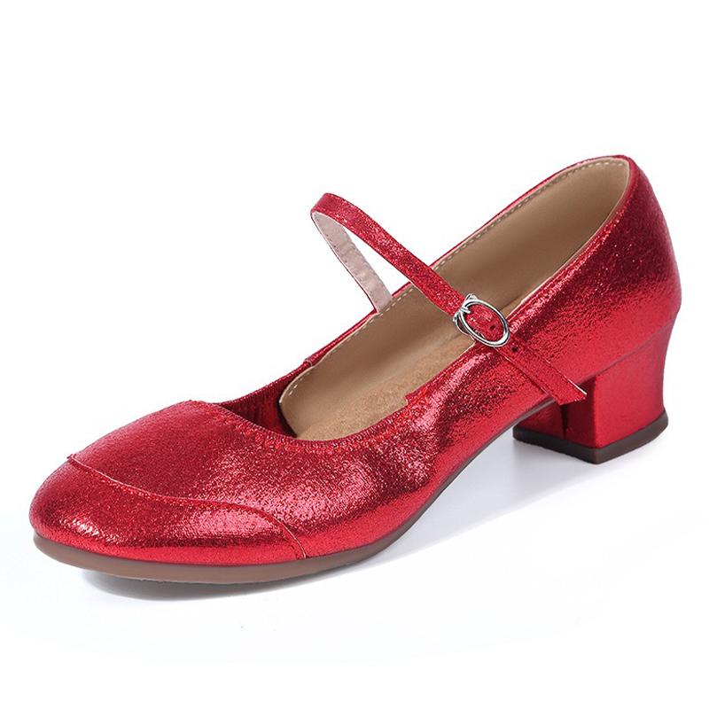 Size 34-42 Ladies' PU Modern Dance Shoes Gold Close Toe Beginner Latin Low Heeled Mary Jane Shoes