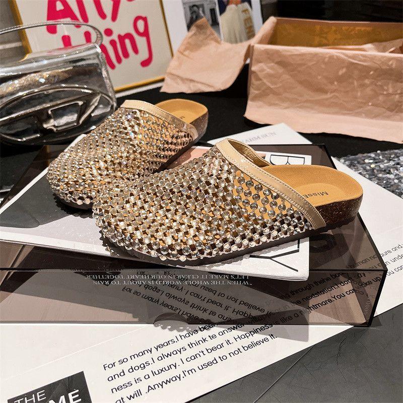 2025 Summer Rhinestones Full Diamonds Fishing Net Baotou Big Head Baotou Half Slippers Sandals Toboken Shoes Flat Women's Shoes