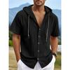 Men's Hooded Shirt Cotton Linen Breathable Lightweight Summer Short Sleeve Solid Color Stylish Shirts Male Casual Top