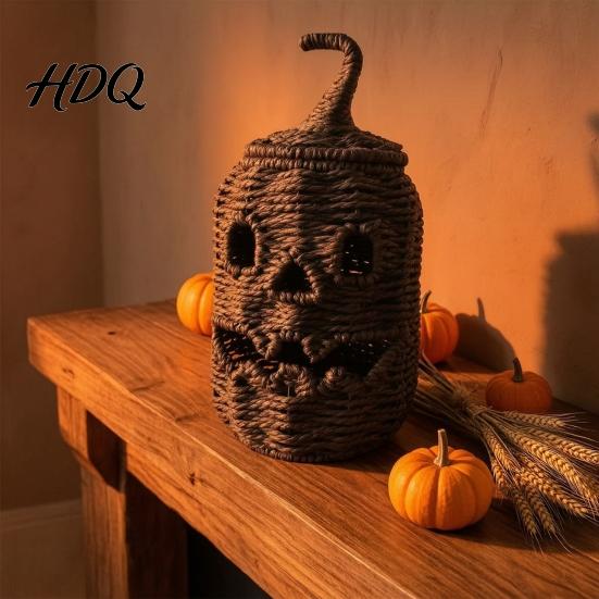 Festive Indoor Lighting Handwoven Halloween Pumpkin Basket, Spooky Candy Storage Basket with Lid, Vintage Wicker Fall Table Centerpiece Light