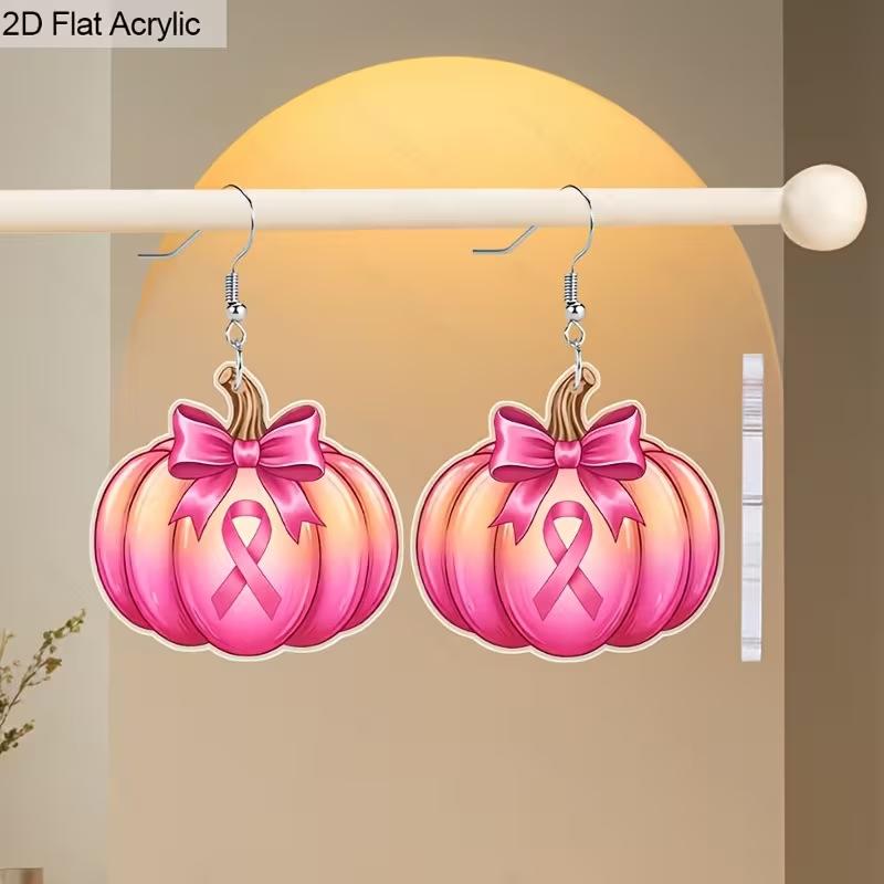 Cross-border new pink pumpkin with ribbon and bow earrings 2D flat acrylic creative pumpkin earrings